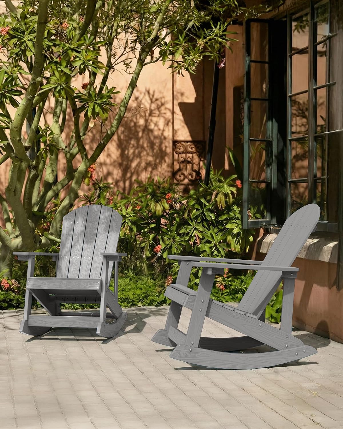 YEFU Outdoor Rocking Chair,Adirondack Rocking Chair,Patio Rocker Chair with Wide Back,Oversized Rocker Chair Look Like Real Wood, for Lawn, Porch, Backyard, Indoor and Garden(Grey)
