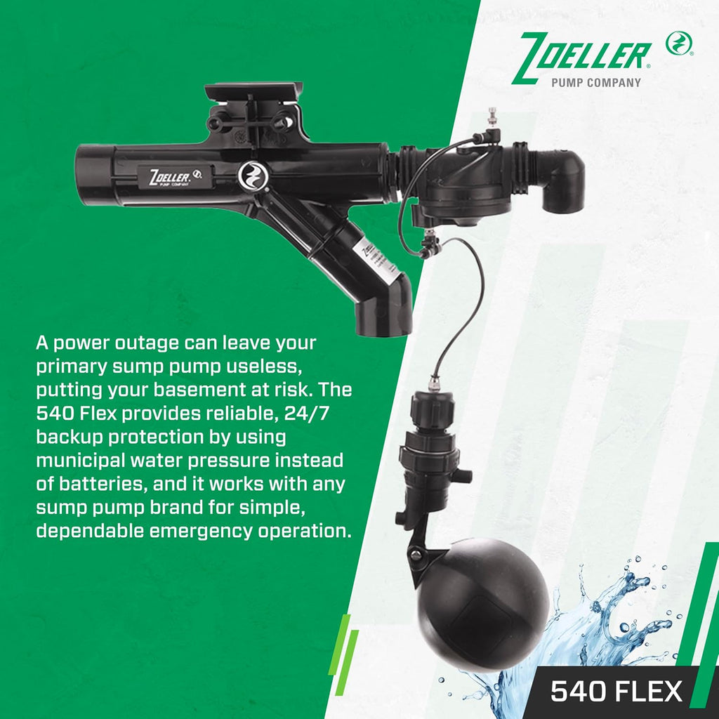 Zoeller 540 FLEX Water-Powered Backup Sump Pump System – No Battery or Electricity Required - Installs Horizontally or Vertically - Works During Sump Pump Failure - ¾″ Inlet / 1-½″ Discharge