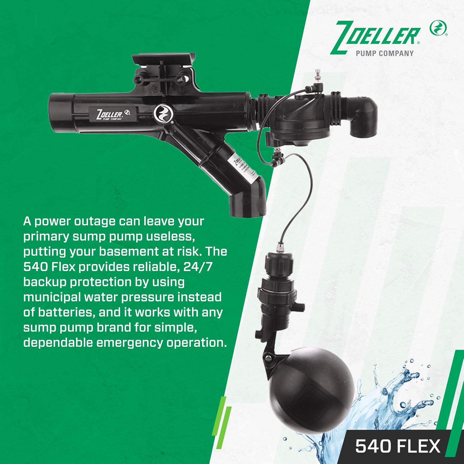 Zoeller 540 FLEX Water-Powered Backup Sump Pump System – No Battery or Electricity Required - Installs Horizontally or Vertically - Works During Sump Pump Failure - ¾″ Inlet / 1-½″ Discharge