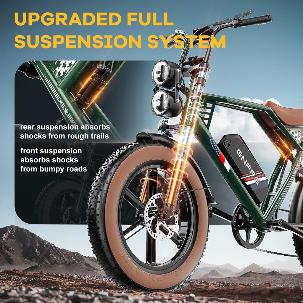 ES2 Ultra Off Road Electric Bike, 22.5 Ah Super Battery Full Suspension Ebike, 92NM Torque Super Power Hydraulics Ebike, Up to 32MPH and 100 Miles, 7-Speed 20' Fat Tire All Terrain Electric Bike