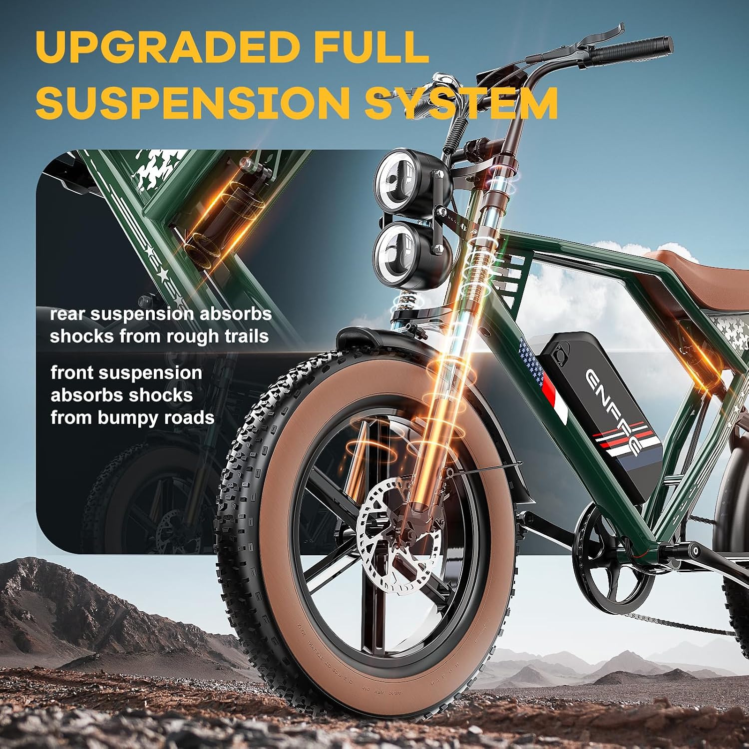 ES2 Ultra Off Road Electric Bike, 22.5 Ah Super Battery Full Suspension Ebike, 92NM Torque Super Power Hydraulics Ebike, Up to 32MPH and 100 Miles, 7-Speed 20' Fat Tire All Terrain Electric Bike