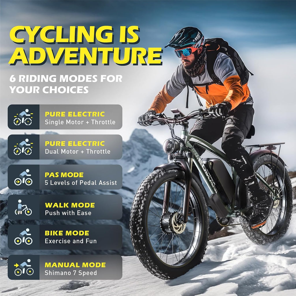 E Bikes for Adults Electric,51 MPH Fast Ebike Peak 6000W 36AH 52V 130 Miles Max, Dual Motor Electric Bike Fat Tire E Bike for Men, 26' Electric Bicycle for Snow Off-Road, Hydraulic Brakes, 7 Speed