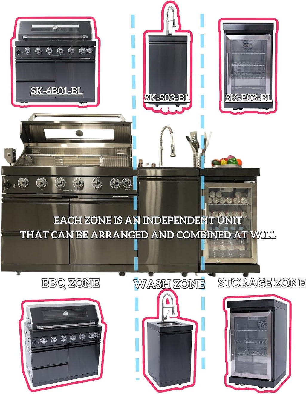 82' Natural Gas Outdoor Kitchen Island - 43-Inch 6-Burner 85,000 BTU Deluxe Stainless Steel Grill Wine Cooler Compact Refrigerator Rotisserie Granite Countertops/Sink,Black