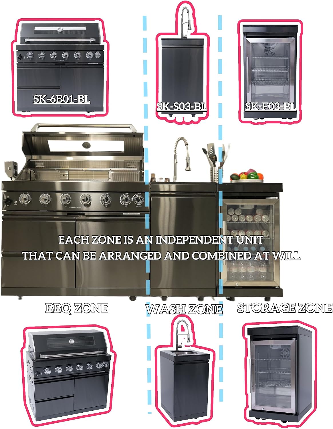 82' Natural Gas Outdoor Kitchen Island - 43-Inch 6-Burner 85,000 BTU Deluxe Stainless Steel Grill Wine Cooler Compact Refrigerator Rotisserie Granite Countertops/Sink,Black