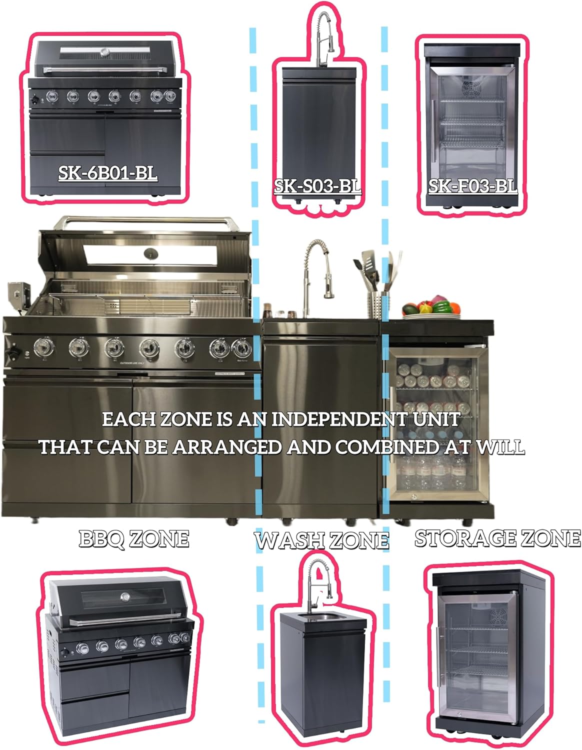 82' Outdoor Kitchen Island with 6 Burner Grill, Sink & Beverage Fridge, 85,000 BTU BBQ Grill Station for Backyard Entertaining, 304 Stainless Steel Patio Cooking Island,Black