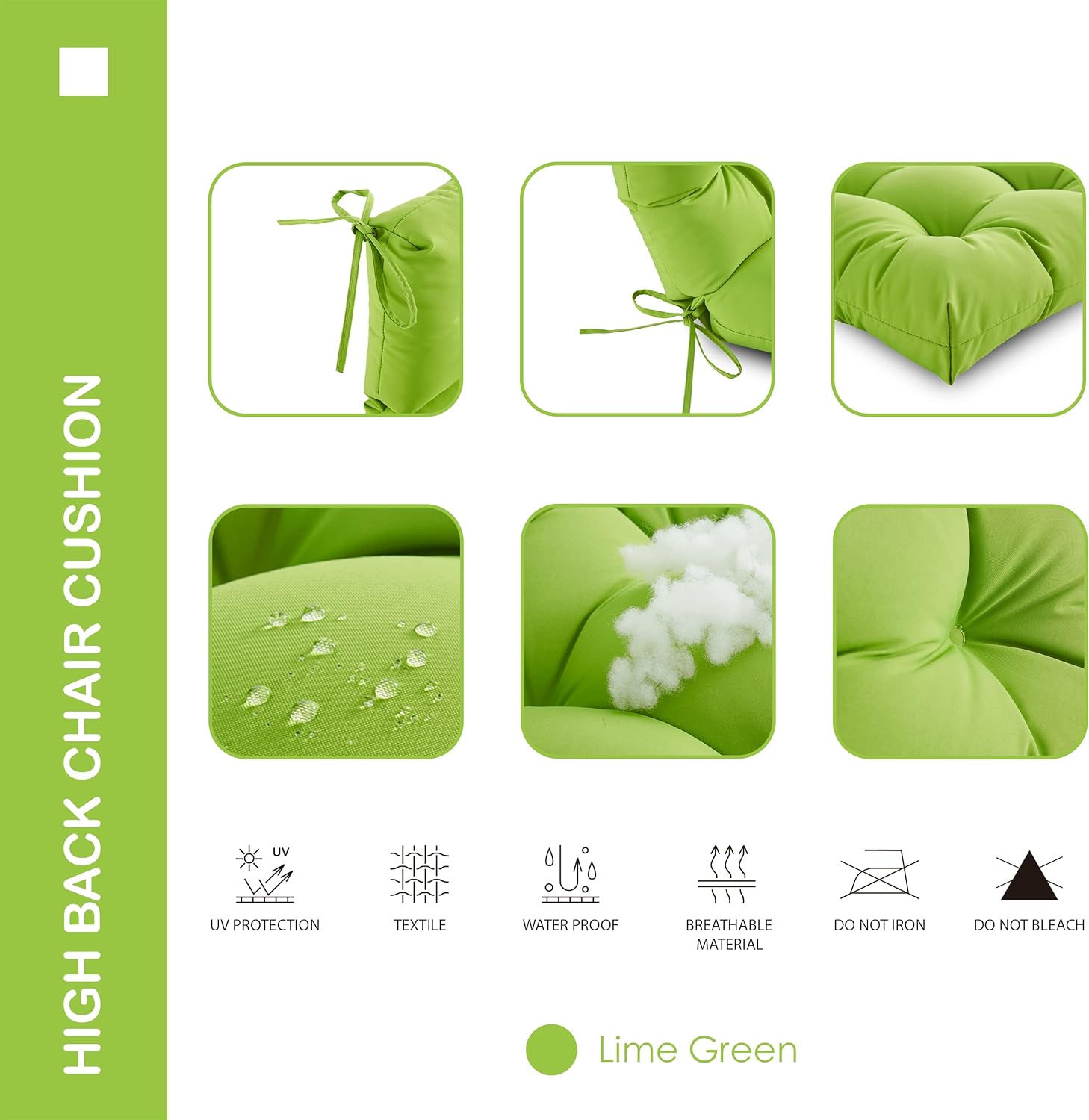 Outdoor Indoor High Back Chair Cushions Set of 4,Waterproof All-Weather Patio Adirondack Rocking Chair Cushions,Seat Back Chair Cushion for Outdoor Furniture with Ties,45x22 Inch, Lime Green