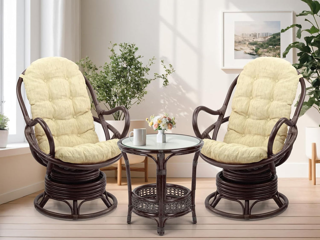 Java Lounge Swivel Rocking Chair with Cream Cushion Natural Rattan Wicker Handmade, Dark Brown Color