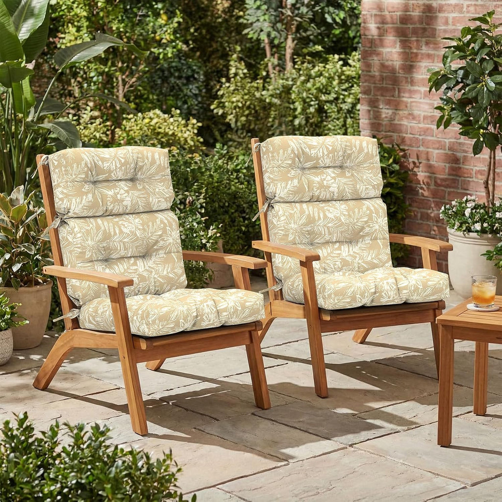 Outdoor High Back Patio Chair Cushions, Fade Resistant & Waterproof Tufted Seat and Back Cushions for Patio Furniture, Patio Chair Cushions 44x22 Inch, Set of 2, Tropical Leaf Oat