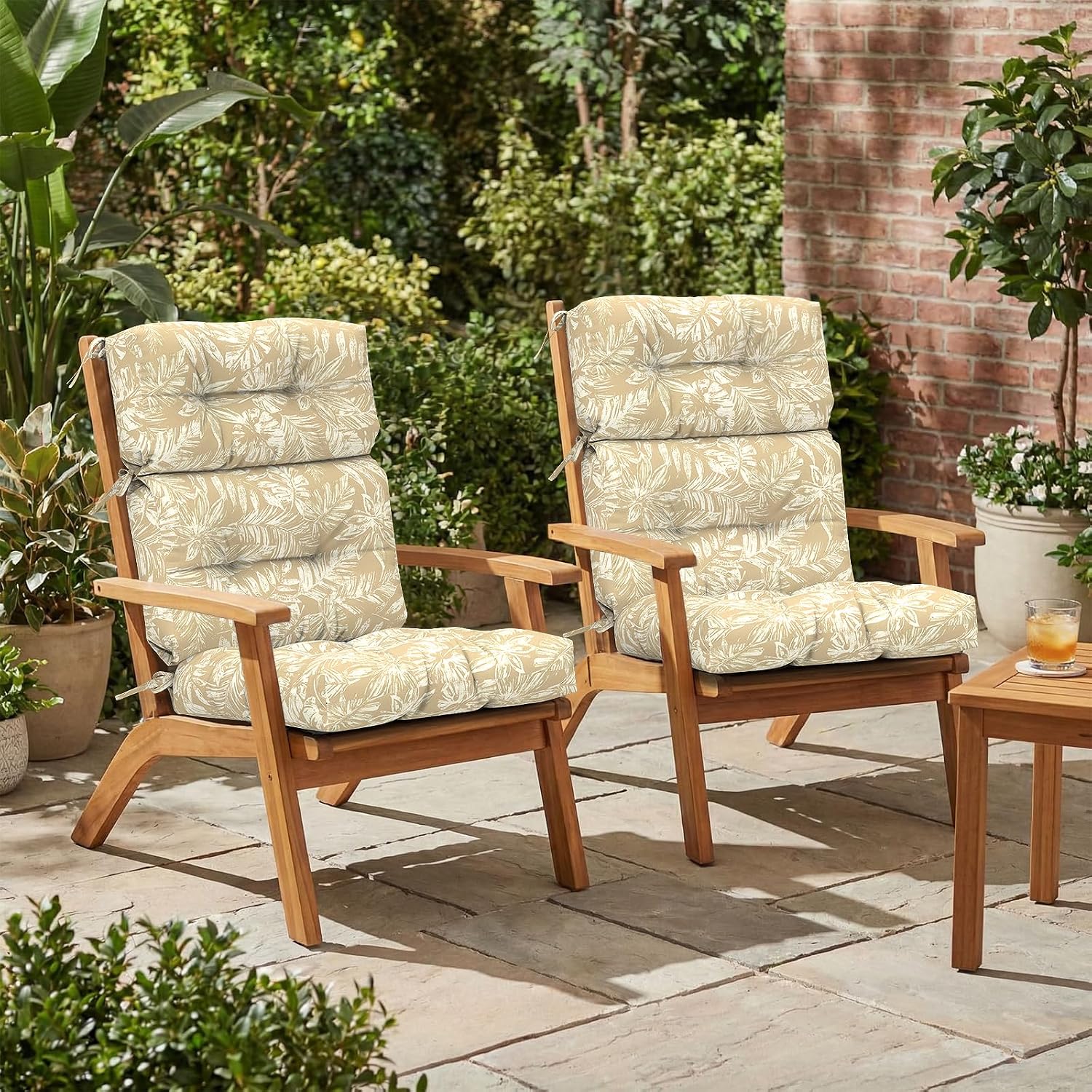 Outdoor High Back Patio Chair Cushions, Fade Resistant & Waterproof Tufted Seat and Back Cushions for Patio Furniture, Patio Chair Cushions 44x22 Inch, Set of 2, Tropical Leaf Oat
