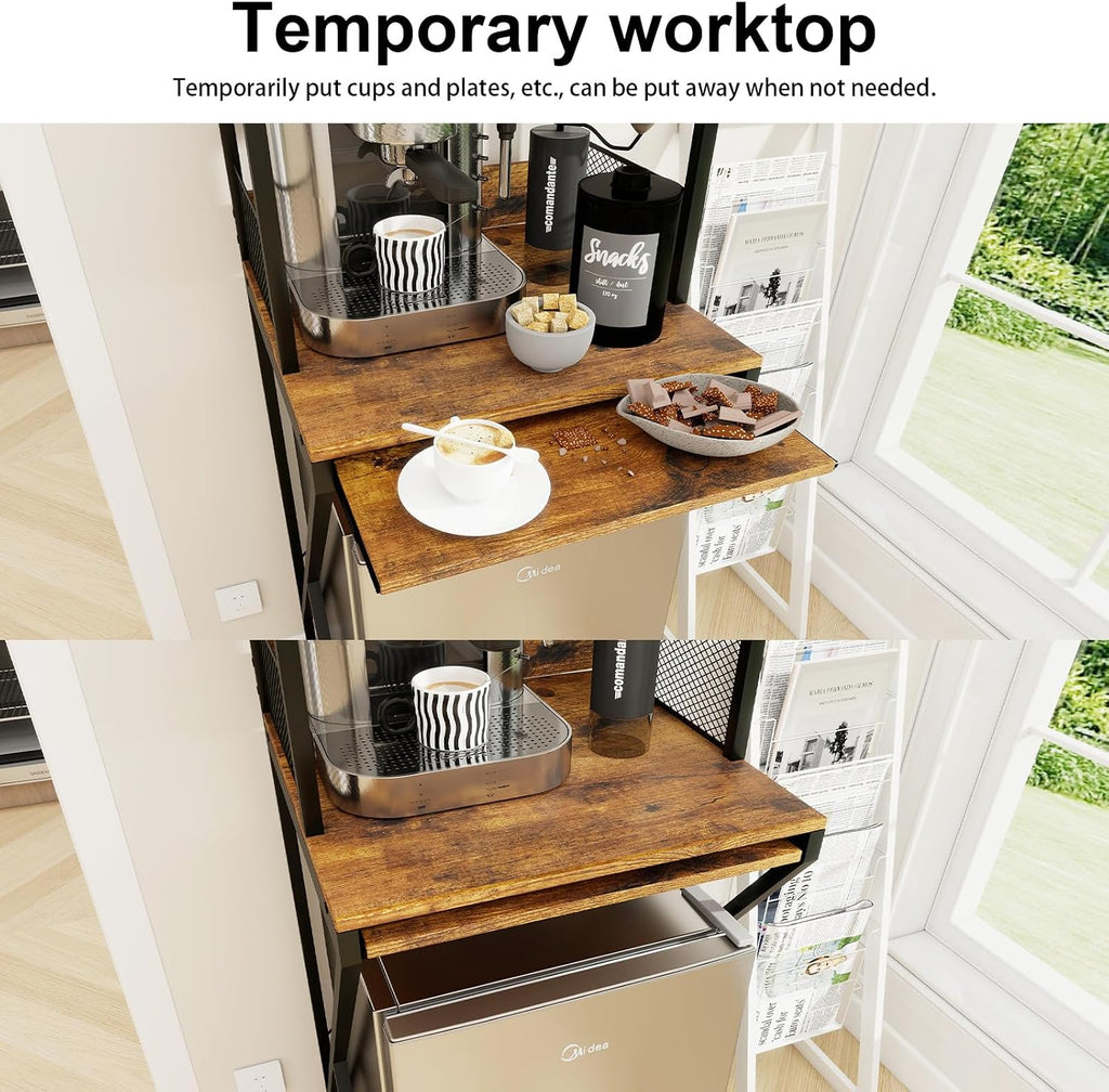 PUNCIA 4-Tier Mini Fridge Stand with Power Outlet & Storage, Coffee Bar Organizer, Refrigerator Cabinet & Microwave Shelf, Bakers Rack for Kitchen, Office, Dorm, Pantry, Apartment (Retro)