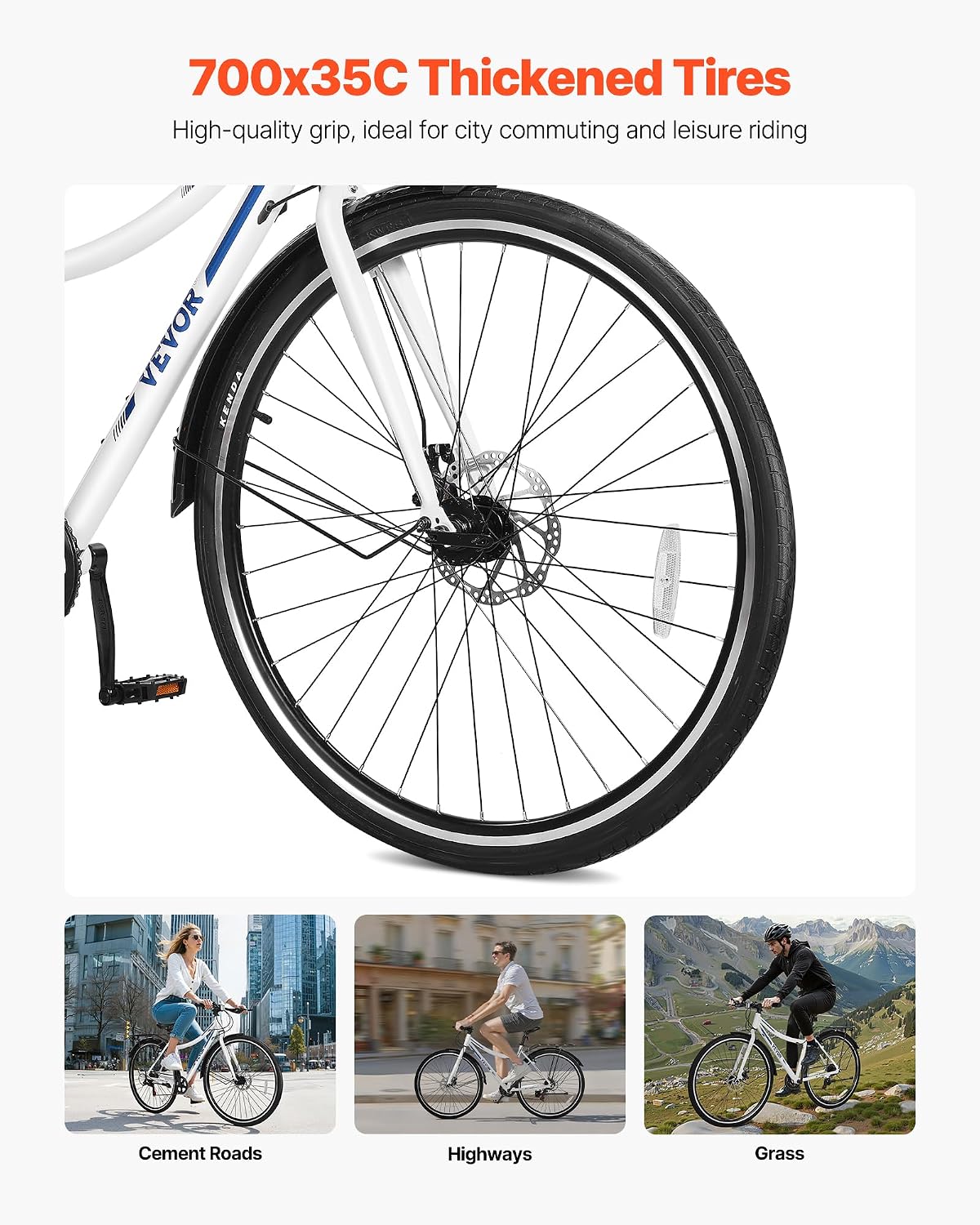 VEVOR Hybrid Bike, Lightweight Aluminum Frame Bike, 700c Wheel Men Women Hybrid Bicycle, Step-Over/Step-Through Adult Urban City Commuter Bikes, with 7/24 Speed, Alloy Adjustable Stem and Seat