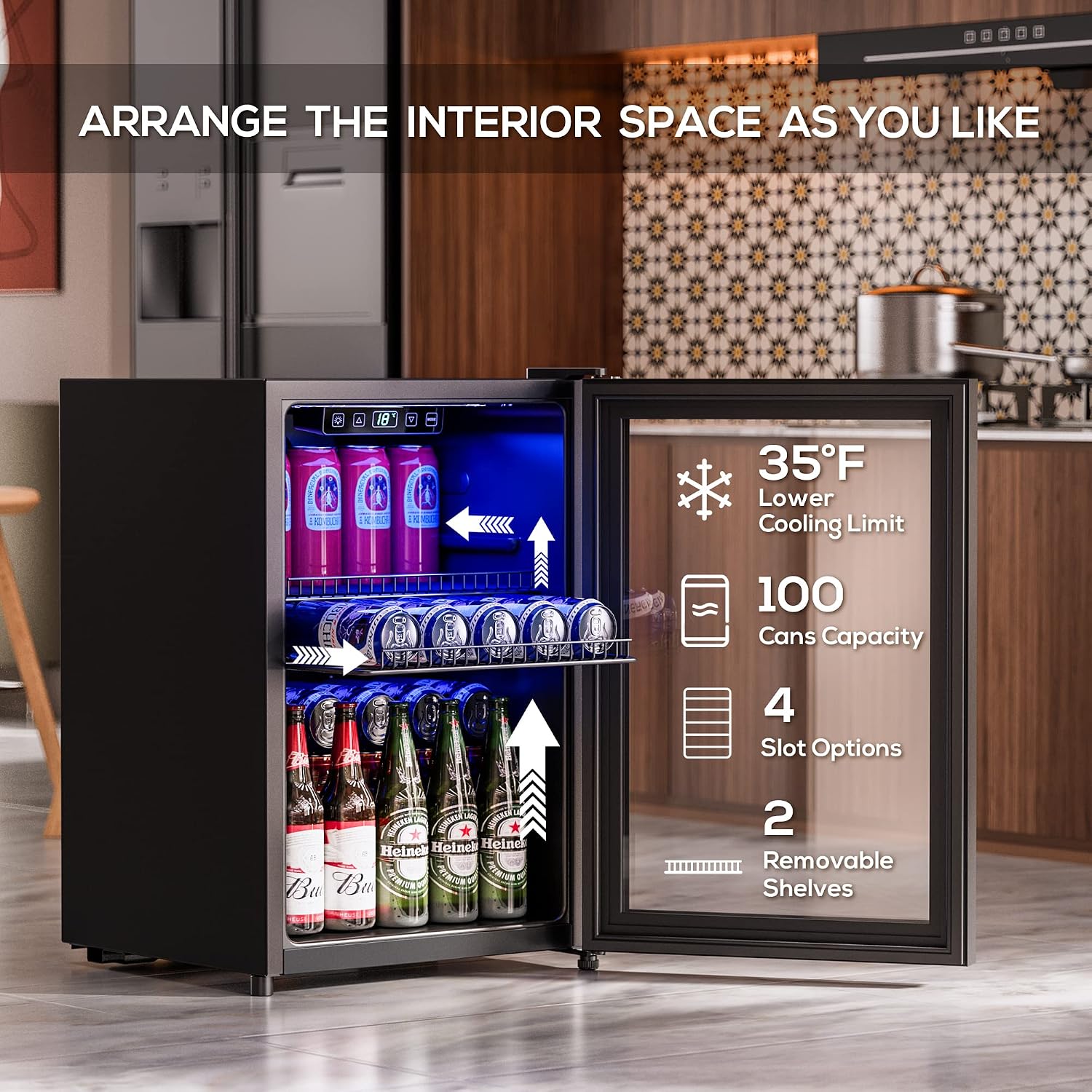 Manastin Beverage Refrigerator Cooler Freestanding Mini Fridge Cooler with Glass Door, Adjustable Shelves & Digital Temperature Display for Soda, Beer or Wine (Black, 2.47 Cu.Ft)
