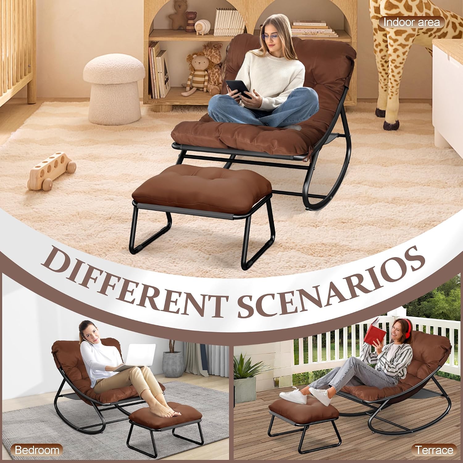 Outdoor Rocking Chair with Footstool, Oversized Patio Rocker with Deep Seat Thick Cushion, Rrocking Chairs for Bedroom, Living Room, Porch, Garden, Lawn (Brown)