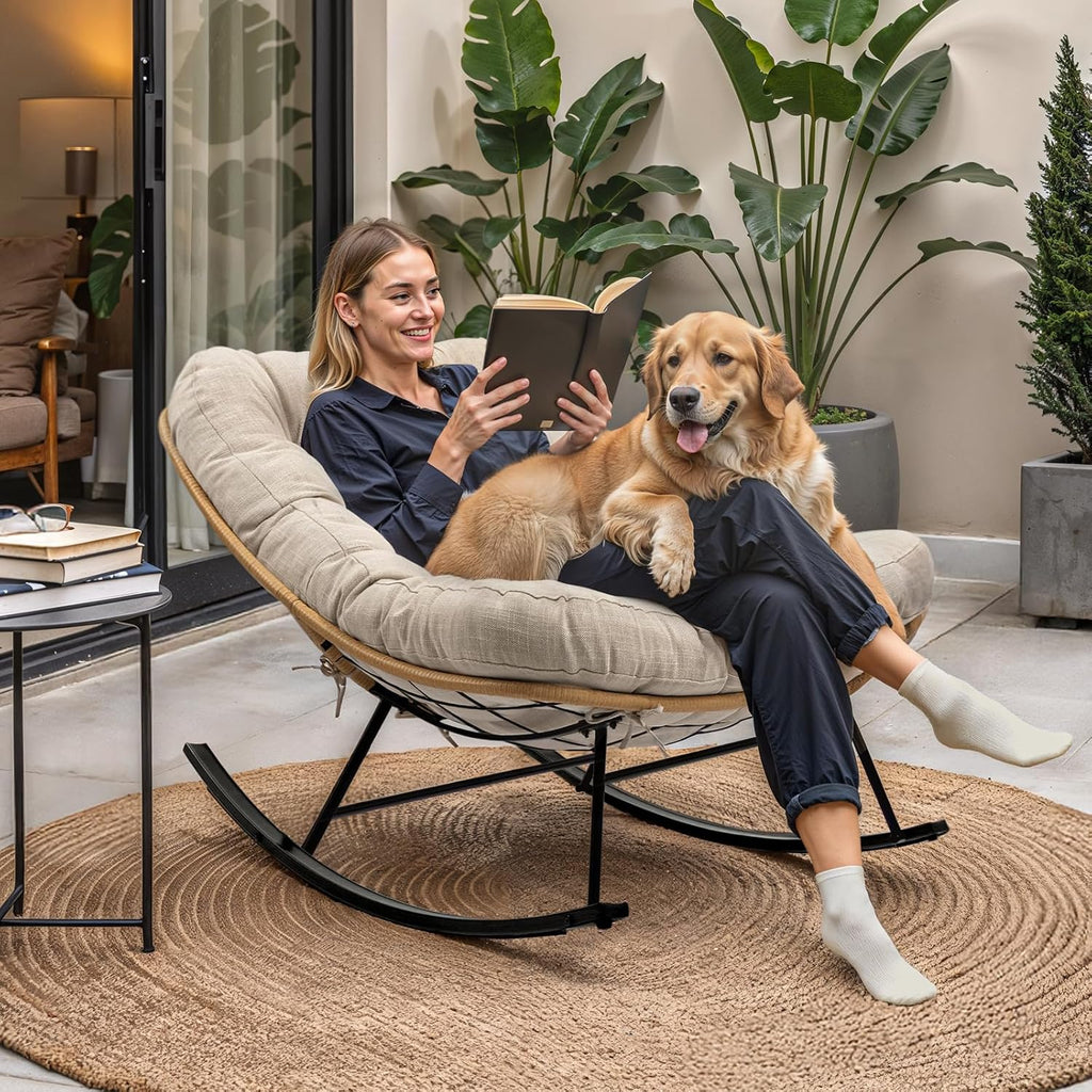 Bme Patio Rocking Chair Outdoor & Indoor, Metal Patio Lounge Rocking Chair with Thick Cushion, Comfy Modern Rocker Chair for Living Room, Porch, Backyard, Beige Cushion - Black Matte Rocker