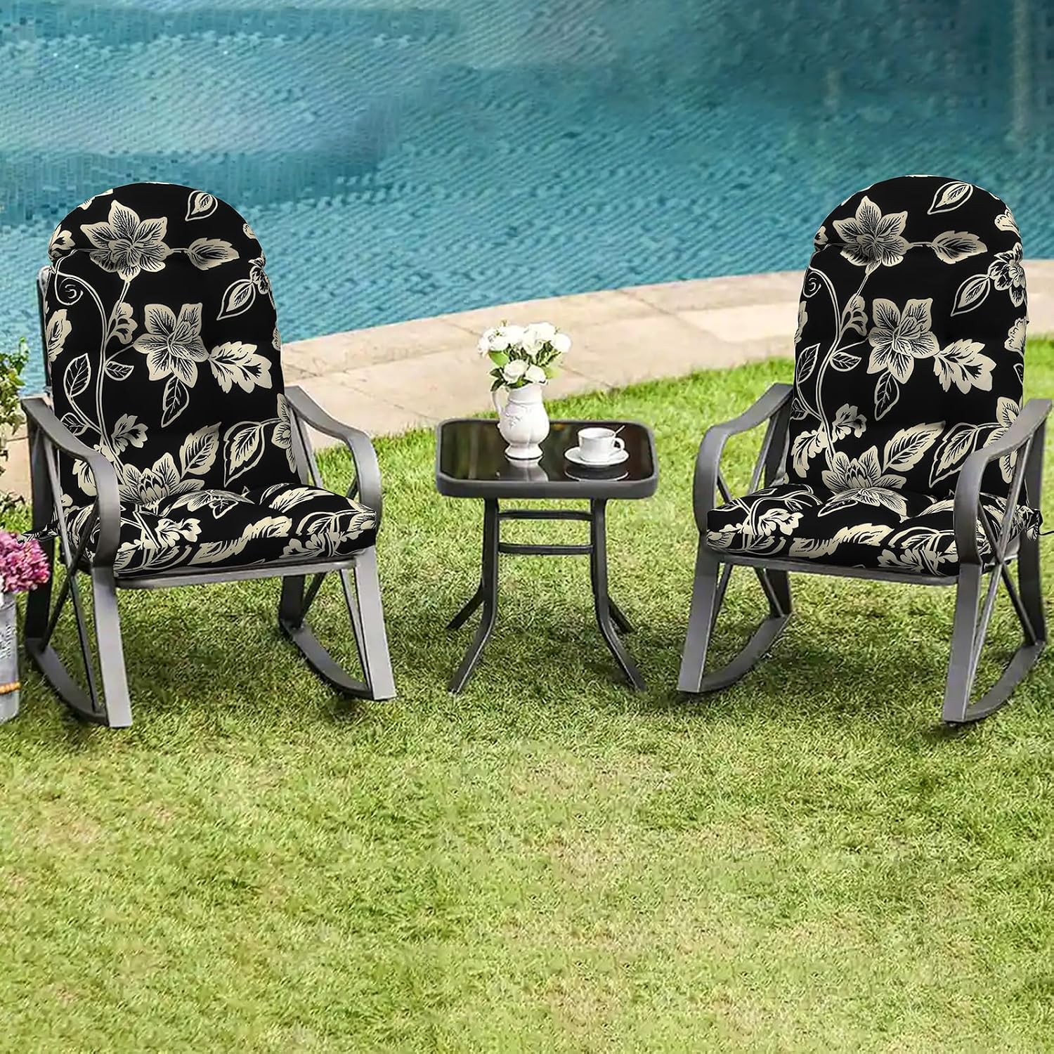 LVTXIII 2 Pack Outdoor Adirondack Chair Cushions, 44x19x4 Inch Water Repellent Patio Cushions for Rocking Chairs, Thick Tufted High Back Seat Cushion Set, Elegant Vines Black