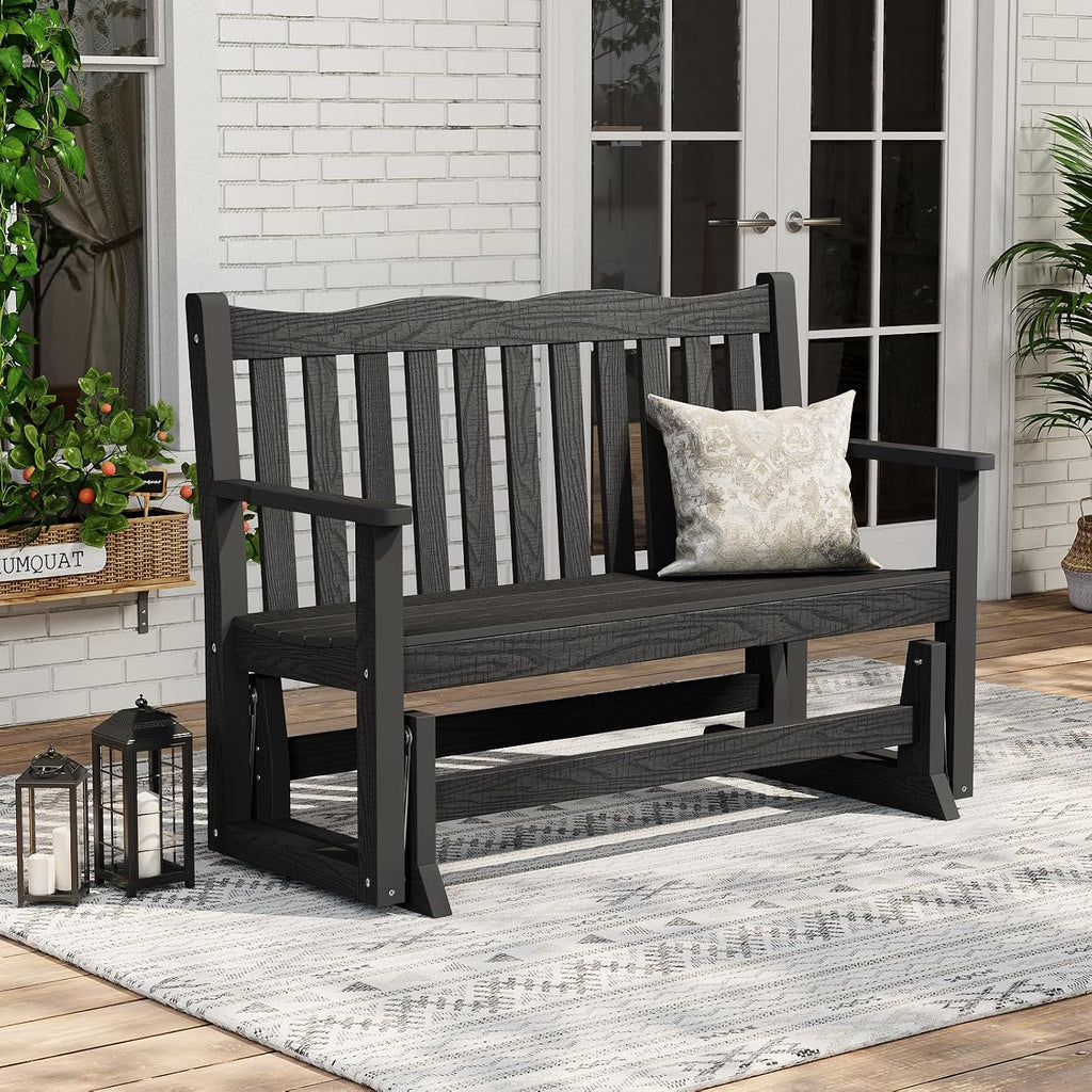 Stoog Outdoor Glider, All-Weather HIPS 2 Person Patio Glider Bench with 800 lbs Weight Capacity, Never Fade or Rot, for Garden, Backyard, Porch, and Deck, Black