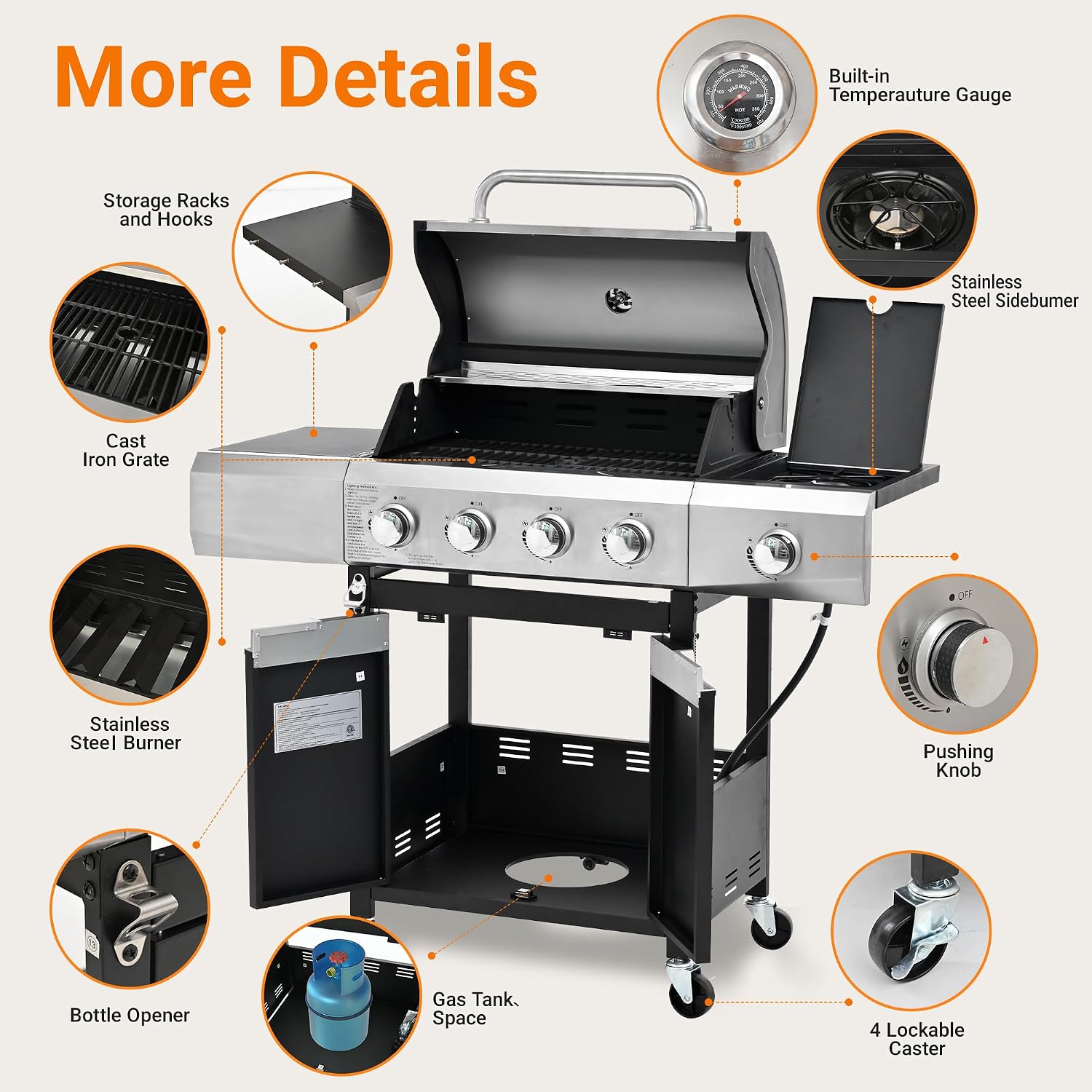 4 Burner Propane Gas Grill 51,000 BTU Stainless Steel Barbecue Grill with Side Burner and Cover Portable Outdoor BBQ Grill Flame Regulator and Steel Wire Insulation Frame for Patio Garden Camping