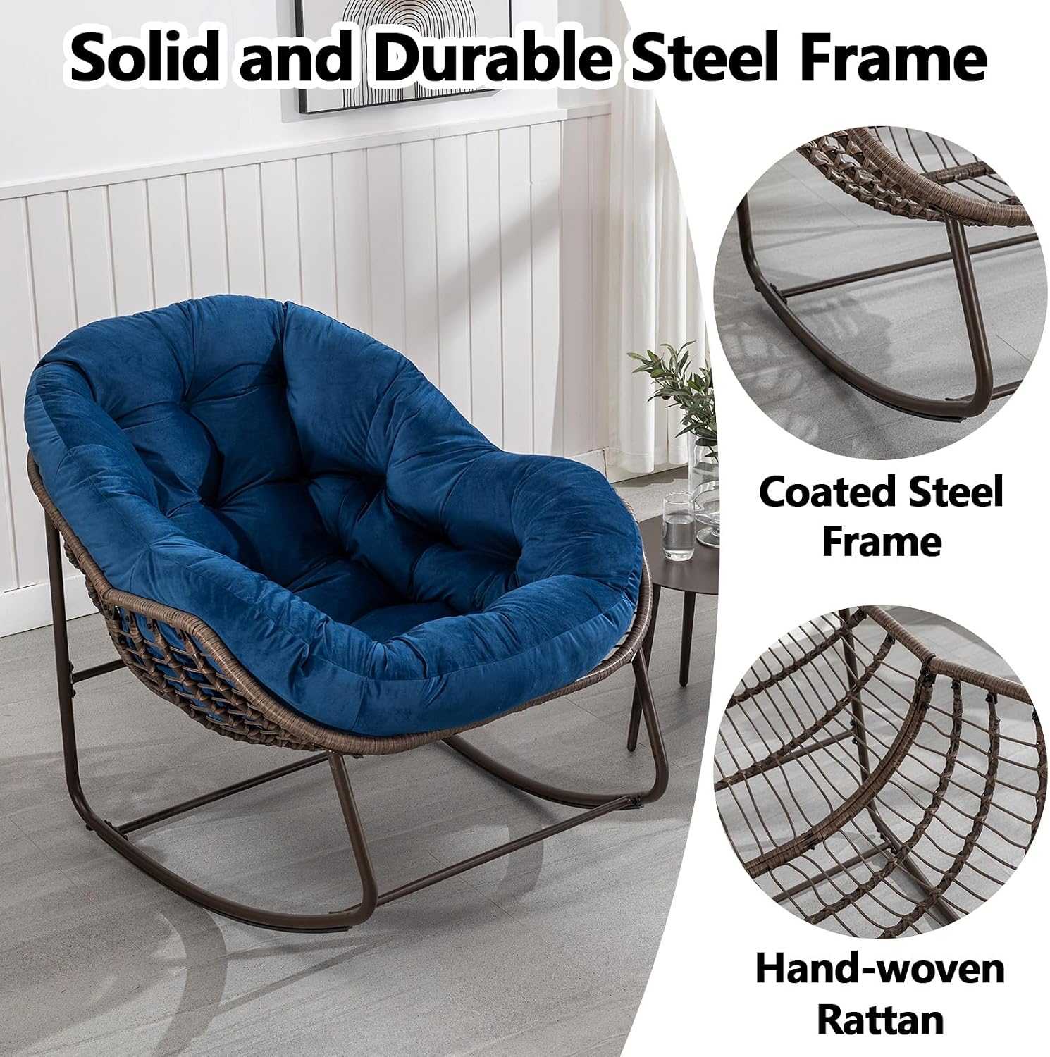 37' Papasan Rocking Chair with Cushion and Steel Frame, Oversized Outdoor Egg Rocking Chair, Rattan Circle Chairs for Grand Patio and Garden (Navy Blue)