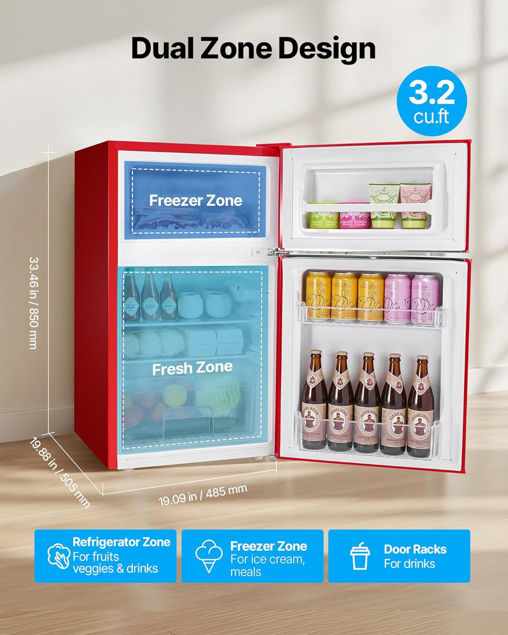 VEVOR 3.2 Cu.Ft Mini Fridge with Freezer, Dual Zone Compact Refrigerator, 7-Mode Adjustable Temp, Energy Efficient Low Noise Dorm Fridge, Small Refrigerator for Bedroom, Office, Retro Red