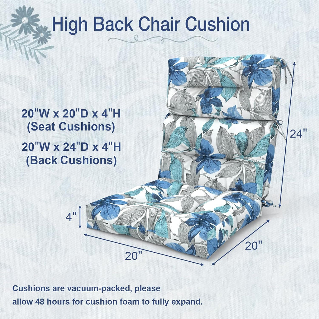 Outdoor High Back Chair Cushions Set of 2, Waterproof Seat Cushion Rocking Chair Cushion with tie 44×20×4 inch, Clemens Noir Blue