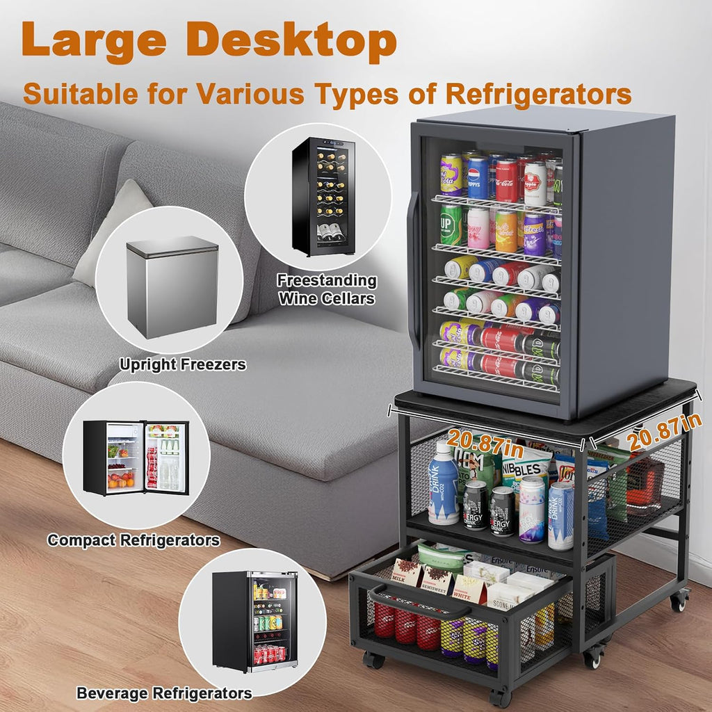 21x21in Mini Fridge Stand with Storage, Heavy Duty Mini Fridge Table with 4 Lockable Wheels for Coffee Bar 220LBS Compact Beverage Refrigerator Stand Cabinet Dorm Fridge Cart for Office Home (Black)