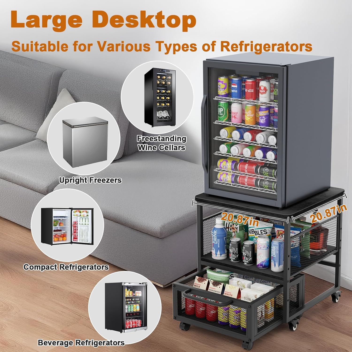 21x21in Mini Fridge Stand with Storage, Heavy Duty Mini Fridge Table with 4 Lockable Wheels for Coffee Bar 220LBS Compact Beverage Refrigerator Stand Cabinet Dorm Fridge Cart for Office Home (Black)