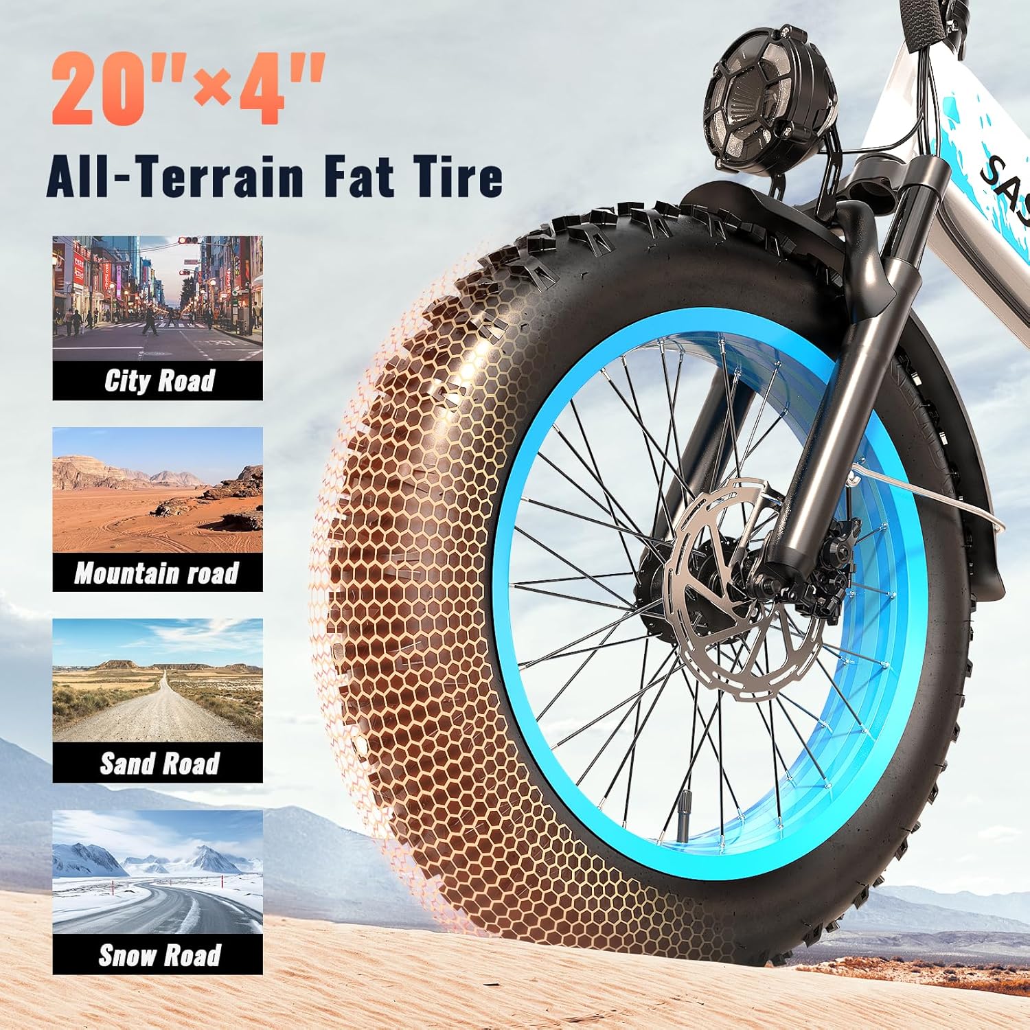 Folding 52V 20Ah Removabke Battery Electric Bike 1500W Peak Motor 20'' Fat Tire Mountain Commuter Ebike Motorcycle Range 70 Miles UL Certified Adult Electric Dirt Bike with 7-Speed
