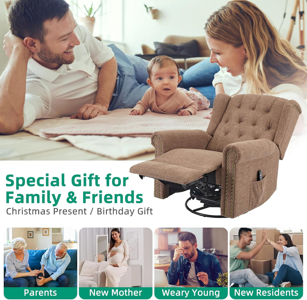 VIVIJASON Power Swivel Rocking Recliner Chair with Massage & Heat, Electric Rocker Nursery Glider Chair, Wingback Tufted Upholstered Recliner W/Type-C & USB Ports for Living Room, Bedroom, Brown