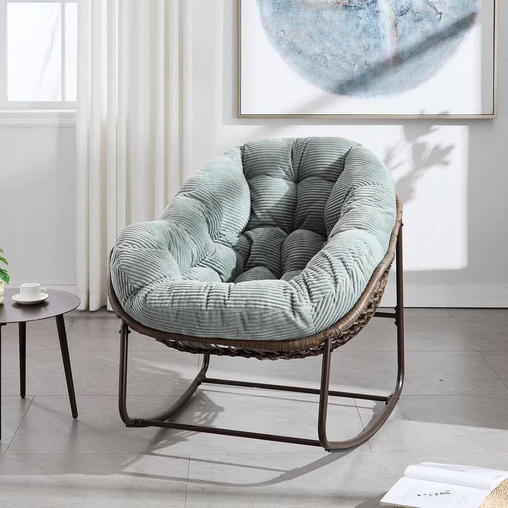 Rattan Rocking Chair for Indoor Outdoor Patio Oversized Wicker Egg Chair with Steel Frame Corduroy Padded Cushion Rocker Recliner Chair Comfy Lounger Papasan Chair for Living Room Garden, Light Green