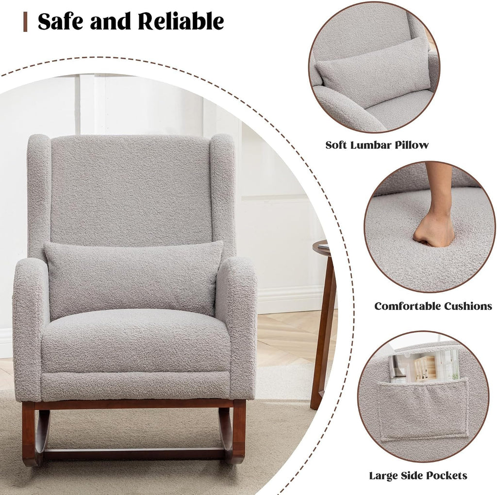 HCHAIRH Rocking Chair Nursery with Foot Rest, Wingback Nursery Rocking Chairs, Grey Teddy Nursing Glider Rocker Chair with Pillow and High Back for Nursery, Living Room, Bedroom