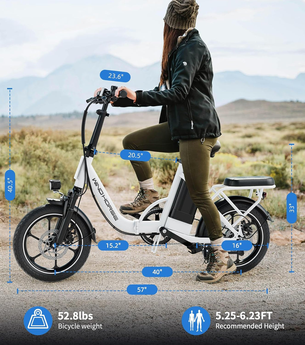 WINDHORSE 16' Folding Electric Bike for Adults, 630W Peak Motor, 20MPH, 19–35 Miles Pedal Assist Range, LCD Display, Dual Disc Brakes, Removable Battery