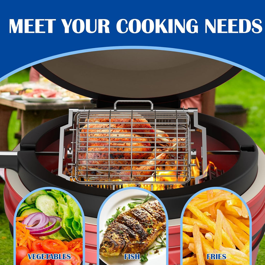 SafBbcue Rotisserie Basket Kit for Kamado Joe JoeTisserie KJ155172022 Grill Accessories, Grill Flat and Tumbler Basket with Quick Connect Rod for Kamado Classic Joe and Big Joe Grill and Smokers
