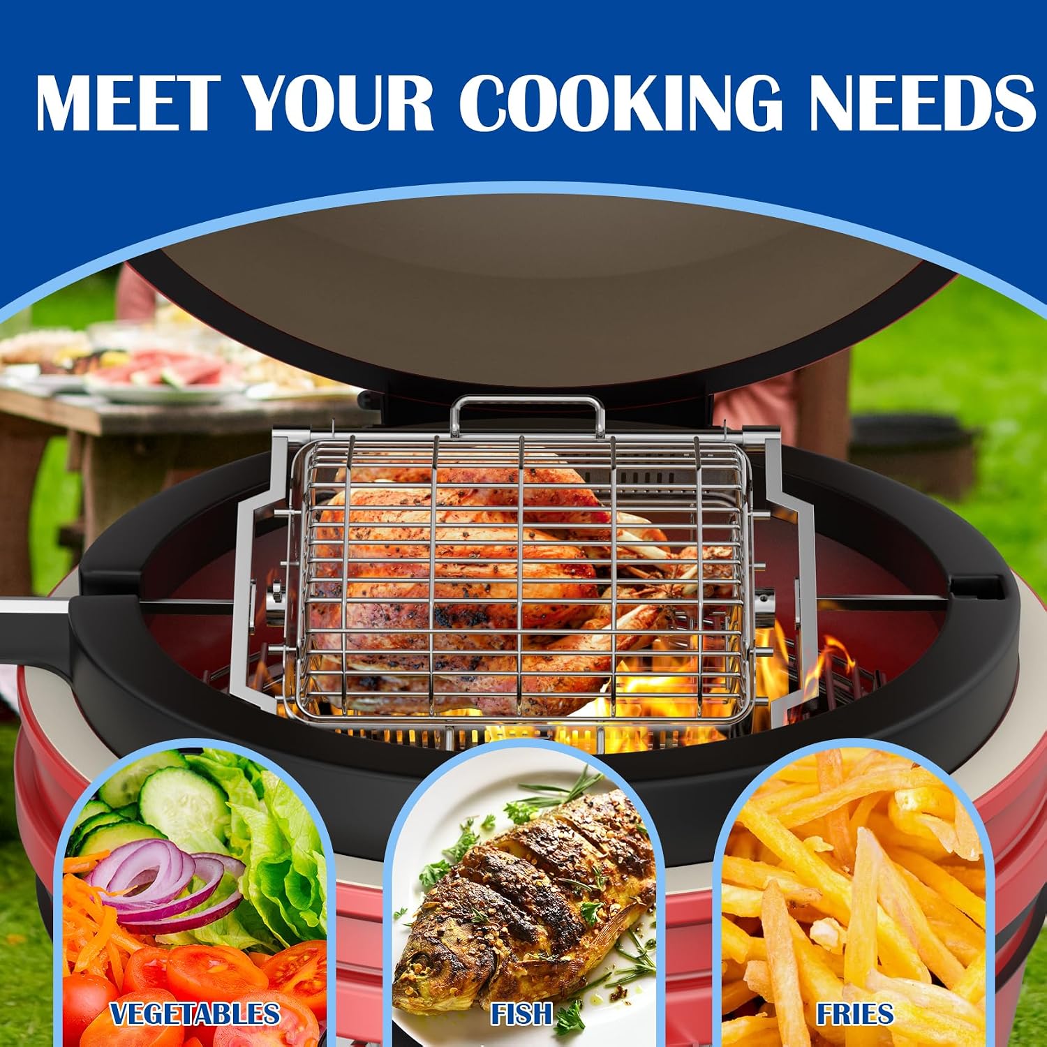 SafBbcue Rotisserie Basket Kit for Kamado Joe JoeTisserie KJ155172022 Grill Accessories, Grill Flat and Tumbler Basket with Quick Connect Rod for Kamado Classic Joe and Big Joe Grill and Smokers