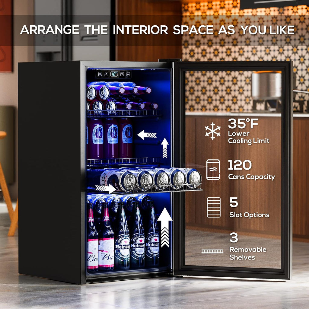 Manastin Beverage Refrigerator Cooler-130 Cans Freestanding Mini Fridge Cooler with Glass Door, Adjustable Shelves & Digital Temperature Display for Soda, Wine or Beer (Black, 3.2 Cu.Ft)