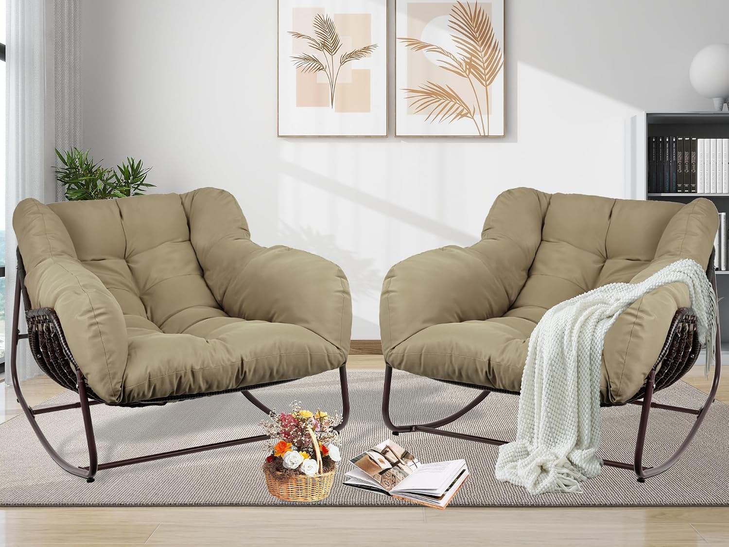 Outdoor Papasan Rocking Chair, Oversized Patio Rocking Chairs with Padded Cushion& Pillow-Comfortable Rocker Egg Chair for Front Porch, Garden, Patio, Backyard,2PC,Khaki