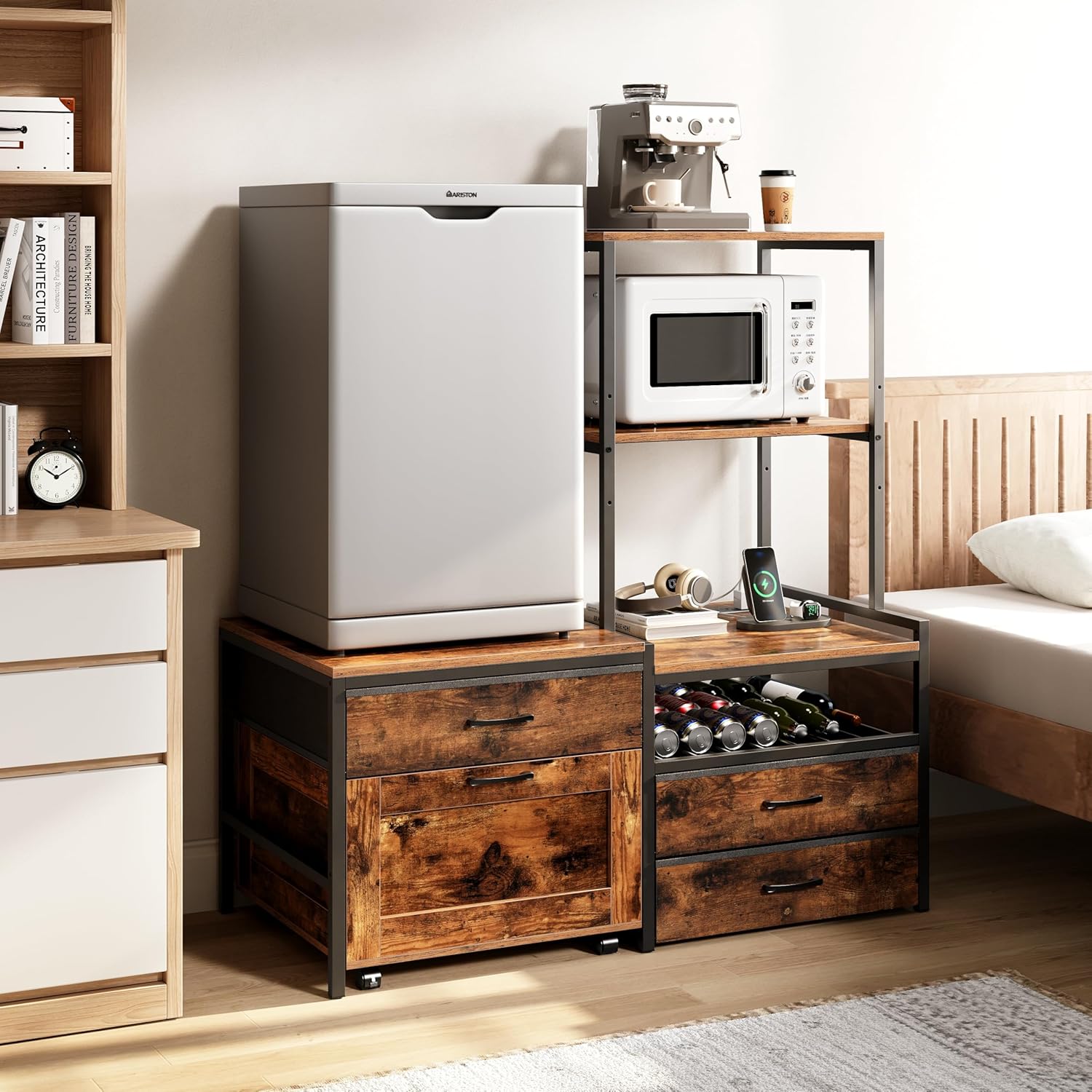 Herture Mini Fridge Stand with Wine Rack, Kitchen Bakers Rack with Power Outlet, Microwave Oven Stand, Coffee Bar, Movable Drawers, for Dorm,Office, Brown HB04BXN