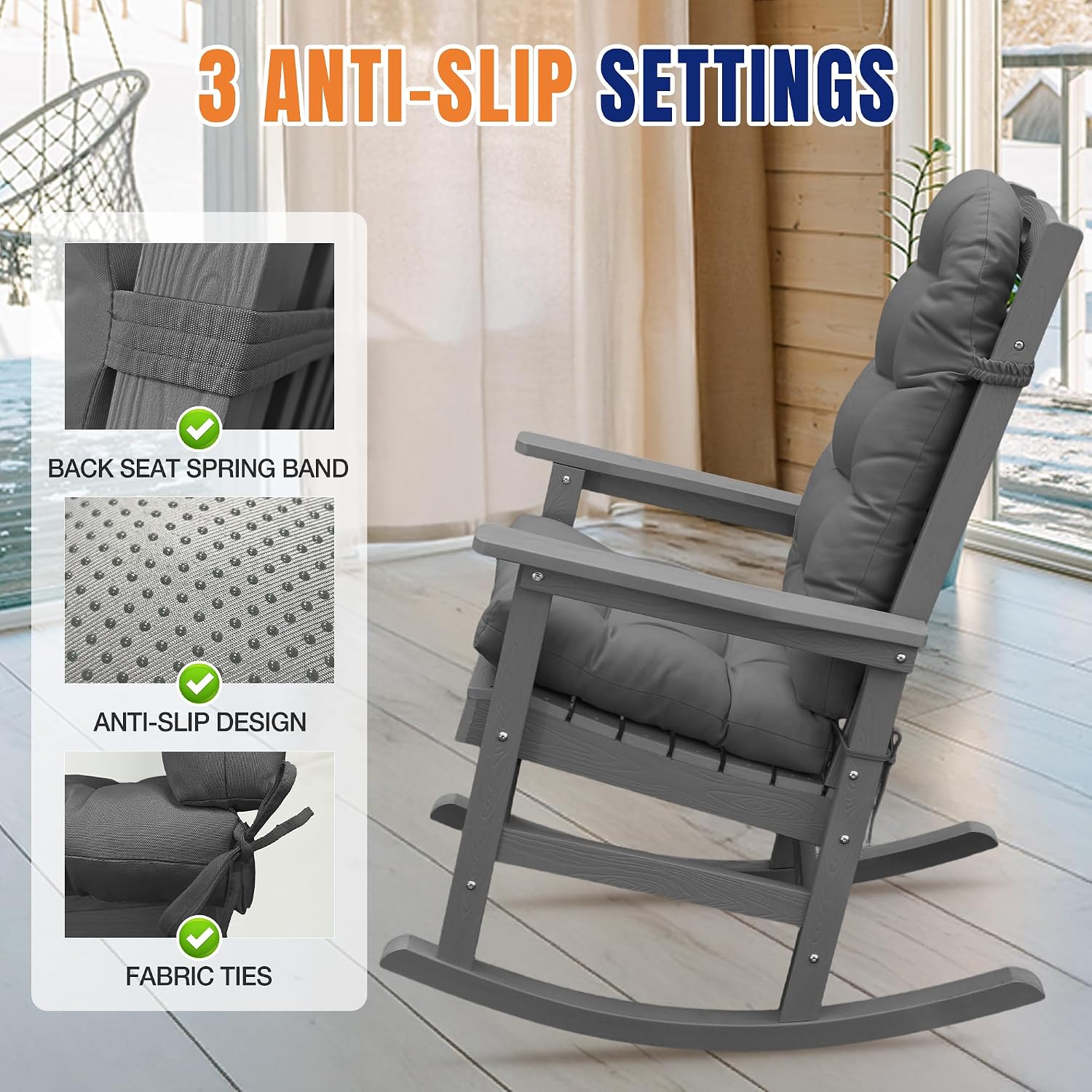 YEFU Adirondack Chair Cushion, Rocking Chair Cushions High Back Set of 4, Thickened Patio Chair Pad for Indoor and Outdoor, 49x20x4.7 Inch, Gray