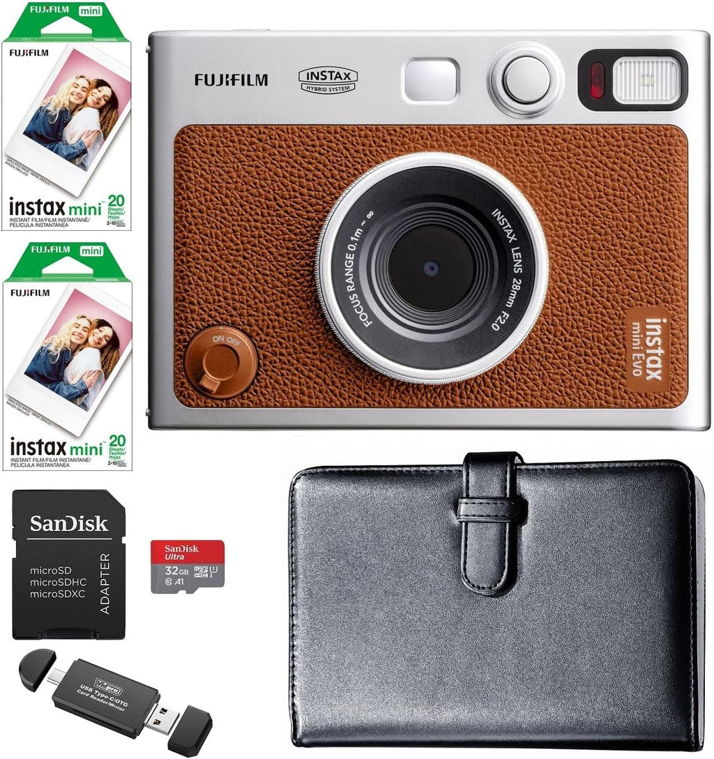 FUJIFILM Instax Mini EVO Hybrid Instant Camera Bundle, Includes: Mini Color Film (40 Exposures), 108 Pocket Mini Instax Photo Album and More (6 Items) (Brown)