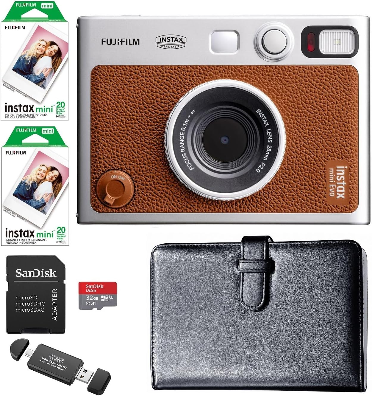 FUJIFILM Instax Mini EVO Hybrid Instant Camera Bundle, Includes: Mini Color Film (40 Exposures), 108 Pocket Mini Instax Photo Album and More (6 Items) (Brown)