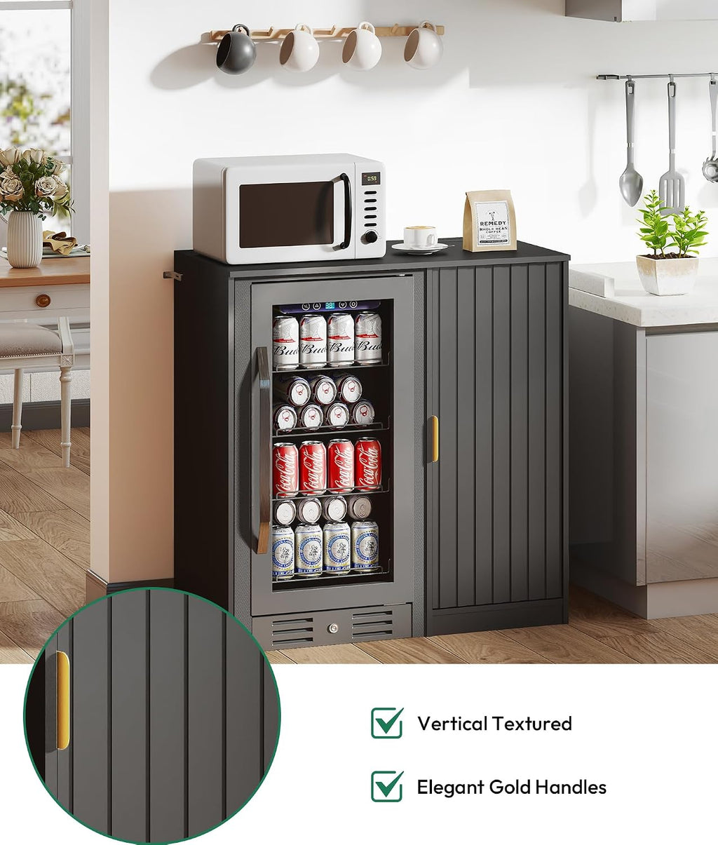 Lamtor Mini Fridge Cabinet with Storage - Snack Bar Cabinet with Power Outlet, Fluted Coffee Bar with Mini Fridge Space for Home Theater,Game Room,Living Room, Black