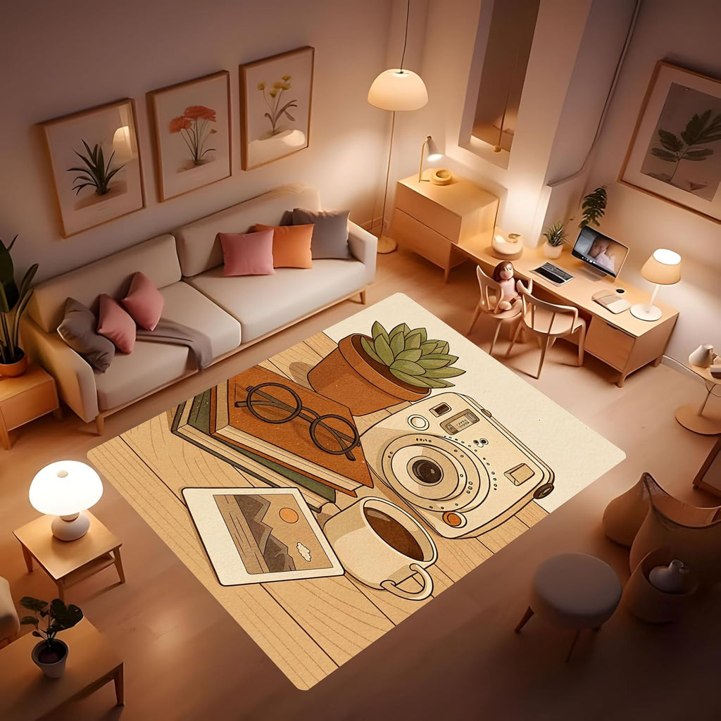 Leisure Area Rug, Non Slip Washable Polaroid Camera, Coffee Style, Simple and Cute Girl's Bedroom Rugs Room Decor Indoor Mat, Soft Flannel Mats for Bedroom Bathroom Living Room (5' x 8')