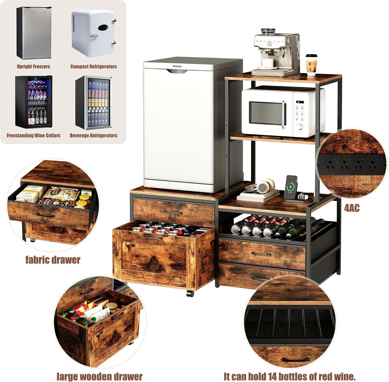 Herture Mini Fridge Stand with Wine Rack, Kitchen Bakers Rack with Power Outlet, Microwave Oven Stand, Coffee Bar, Movable Drawers, for Dorm,Office, Brown HB04BXN
