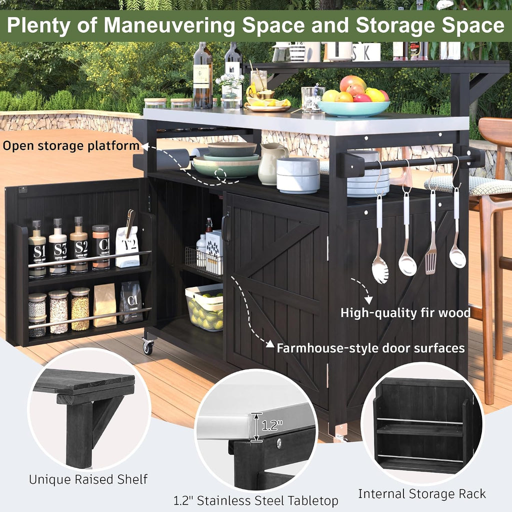 Unique 53.3' Outdoor Kitchen Island with Raised Shelf,Solid Wood Storage Cabinet with Stainless Steel Top,Rolling Grill Cart with Internal Storage Rack, Adjustable Shelf, Spice Rack (Black#e)