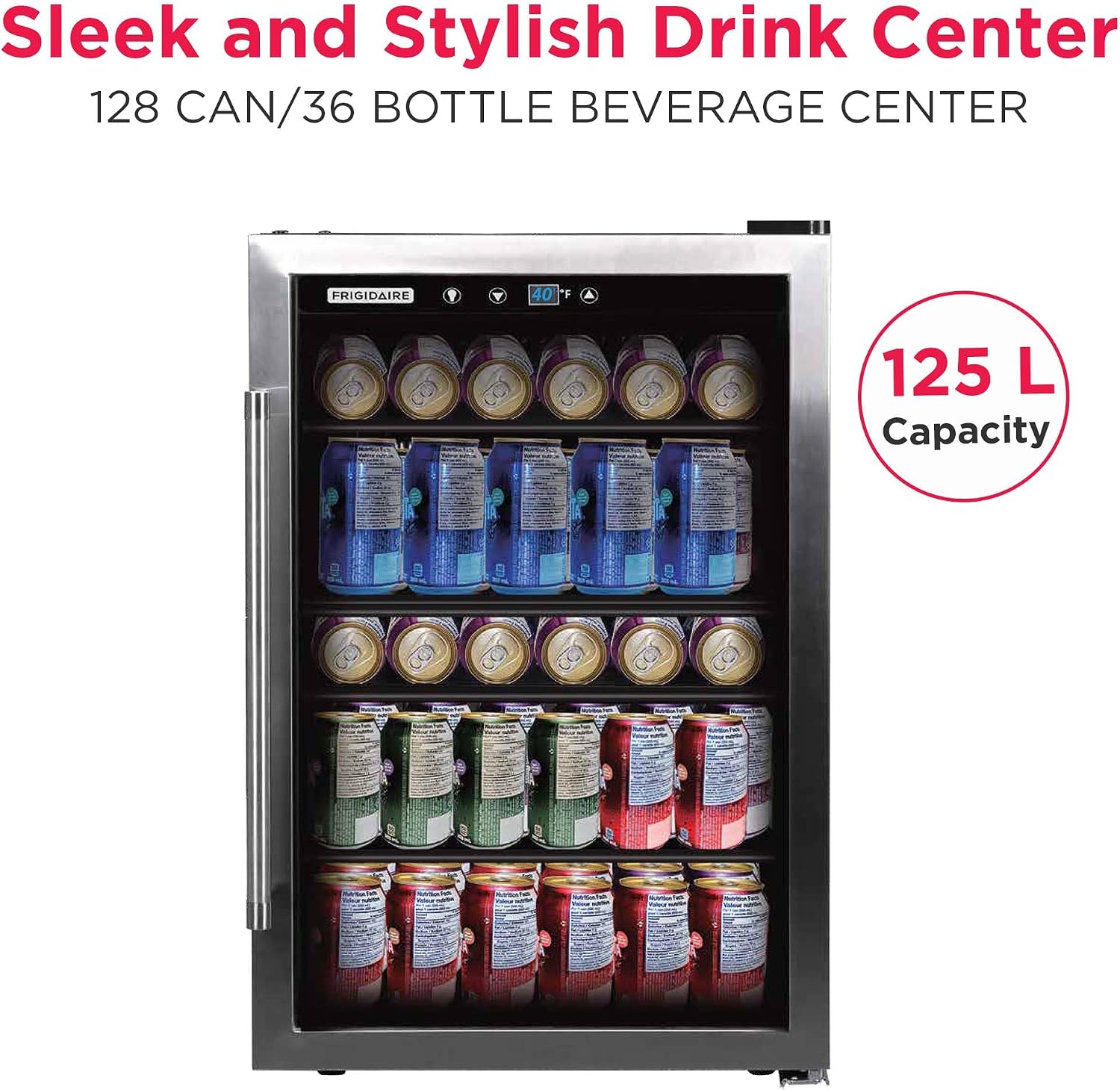 Frigidaire Beverage Refrigerator, Fridge with Glass Door, Compact Mini Fridge with Digital Temperature Control, Fits 115 Cans or 34 Bottles, 96L Capacity - 19.1' D x 17.5' W x 31.2' H