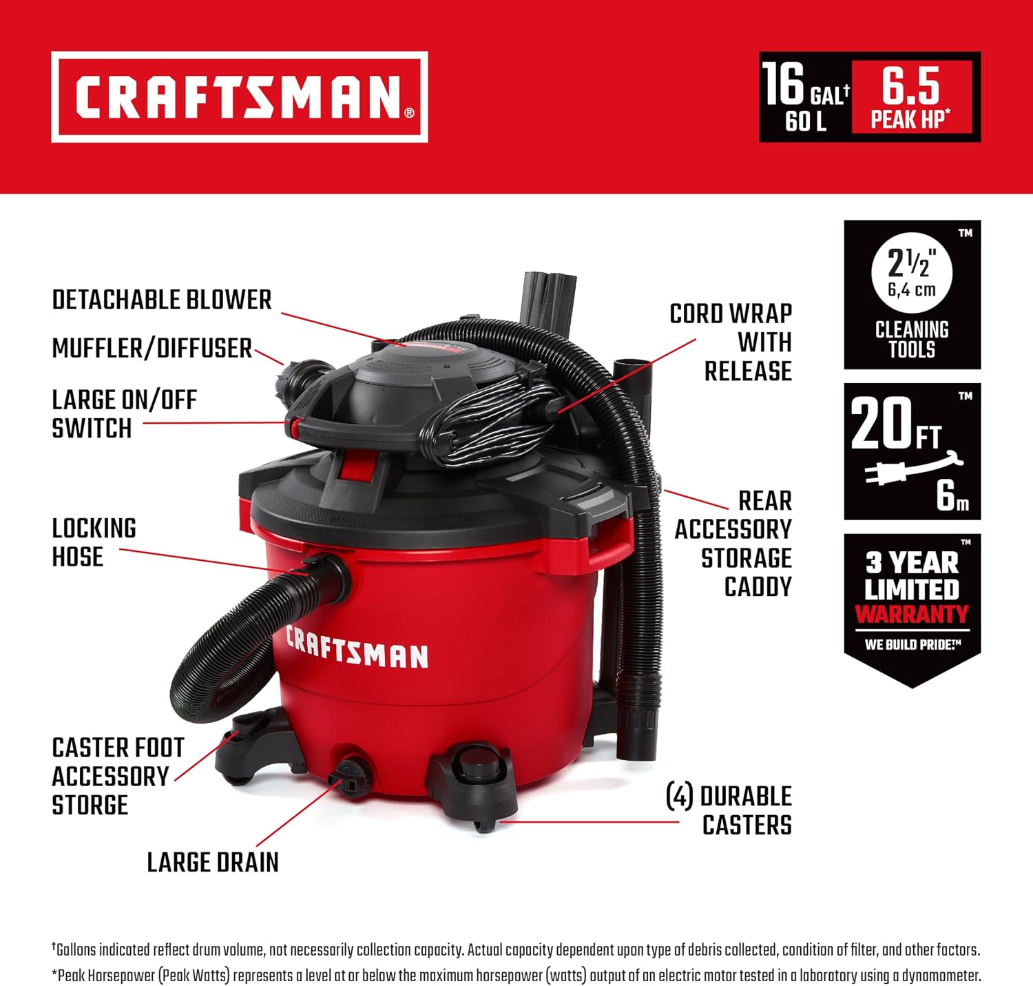 CRAFTSMAN CMXEVBE17607 16 Gallon 6.5 Peak HP Wet Dry Vac with Detachable Leaf Blower, Portable Shop Vacuum Wet and Dry with Filter, Dust Bag, Hose and Attachments for Garage, Outdoor Cleaning