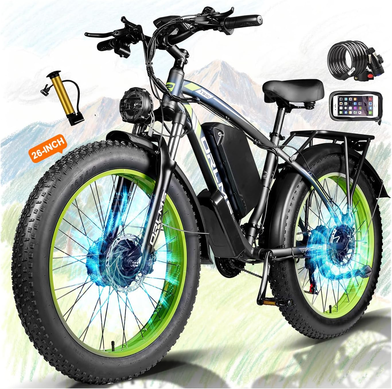 Dual Motor Electric Bike for Adults,6000W Peak,45MPH,60V&52V/25Ah Battery,26''&24'' Fat Tire,Up to 110 Miles Range,SHM 7-Speed Gear Ebike