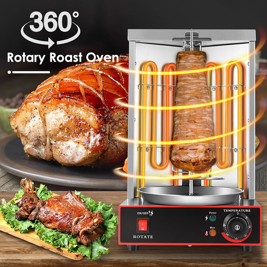 Electric Rotating Vertical Rotisserie Grill, 360 ° Rotating Rotisserie Grill with Meat Catch Pan, 50-300℃ Adjustable Temperature, for Restaurant Dinner Home Kitchen