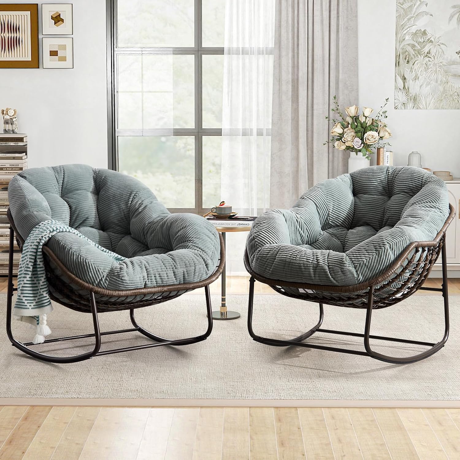 Outdoor Indoor Rocking Chair Set of 2, Oversized Patio Papasan Egg Chair with Padded Cushion, All Weather Wicker Egg Rocking Chairs, Comfy Large Rattan Rocker Lounge for Porch,Garden