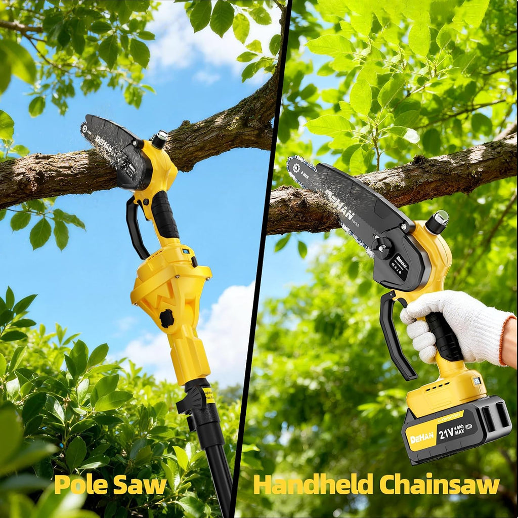 4-in-1 Electric Pole Saw for Tree Trimming, 6 Inch and 8 Inch Cordless Chainsaw with 2×4.0 Ah Batteries, Mini Chainsaw Cordless with Extension Pole, Battery Powered Pole Chain Saw for Branch Cutter