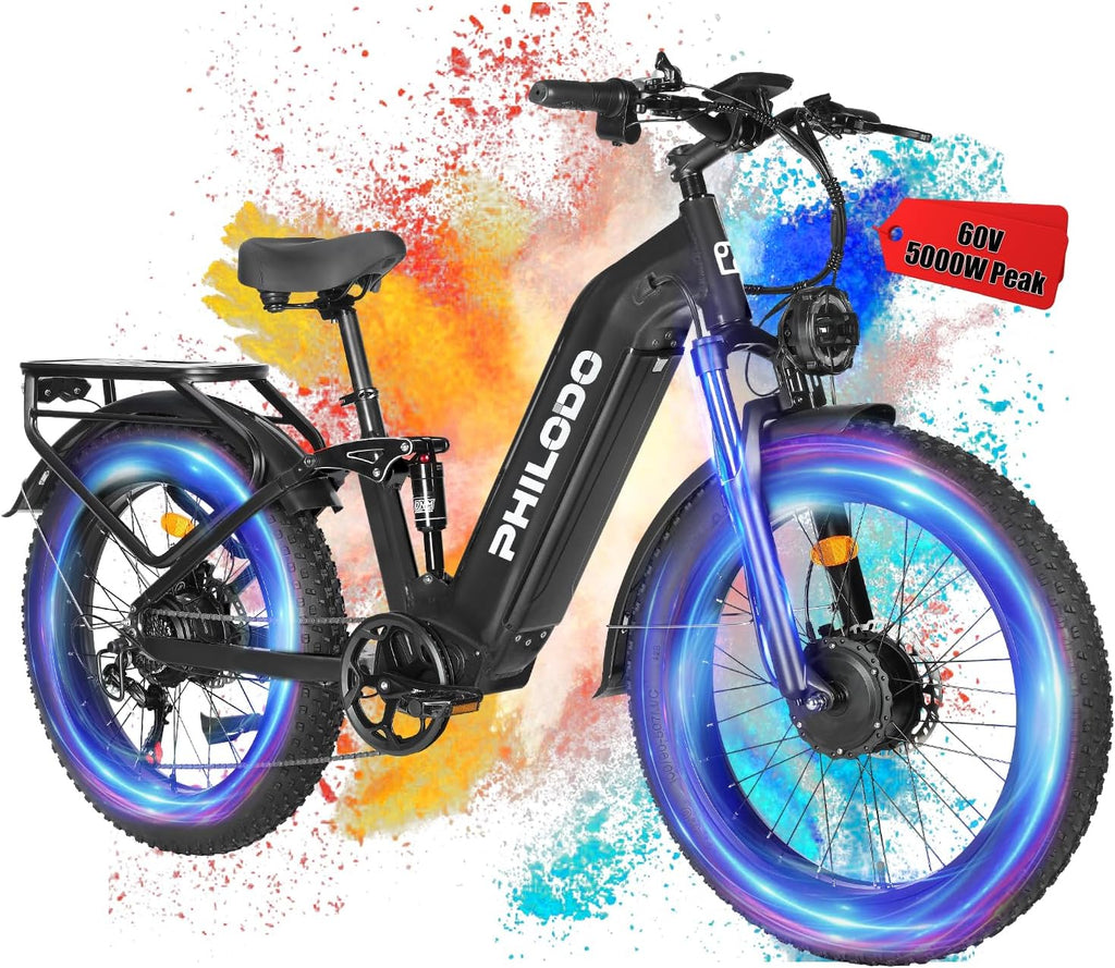 Falcon 60V 32AH Off-Road Electric Bike - 5000W Dual Motor Hunting Ebike, Fat Tire Full Suspension Dirt Bike for Adults, Long Range Snow/Sand Electric Bicycle